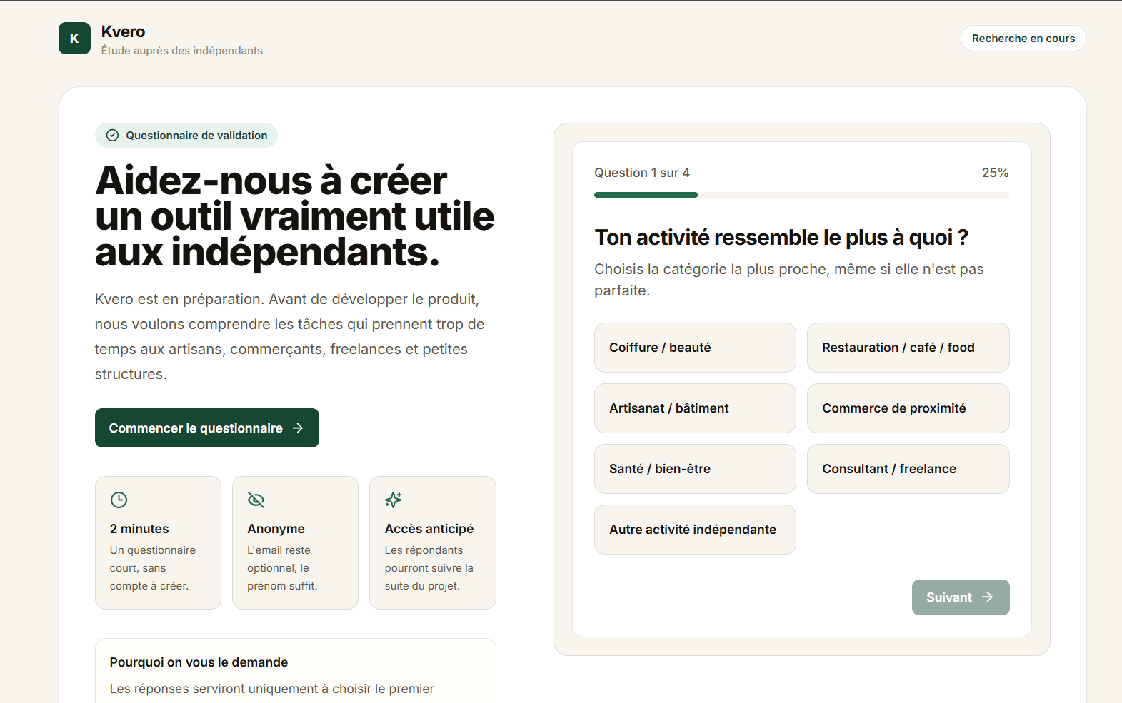 Capture de Kvero, questionnaire de validation pour comprendre les besoins des indépendants
