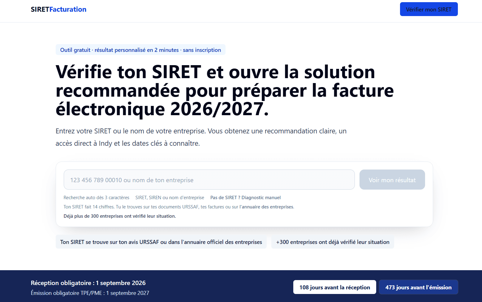 Capture de l'outil SIRETFacturation pour vérifier un SIRET et préparer la facture électronique